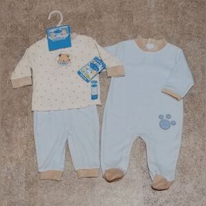 3-6 mo.'s 3 pieces–2 complete outfits by “bon bebe” baby boy w/bear paw prints